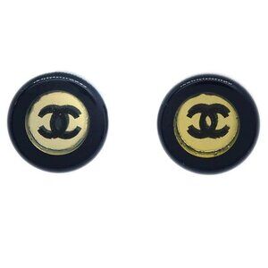 Chanel Button Piercing Earrings Black Silver 01P 195184